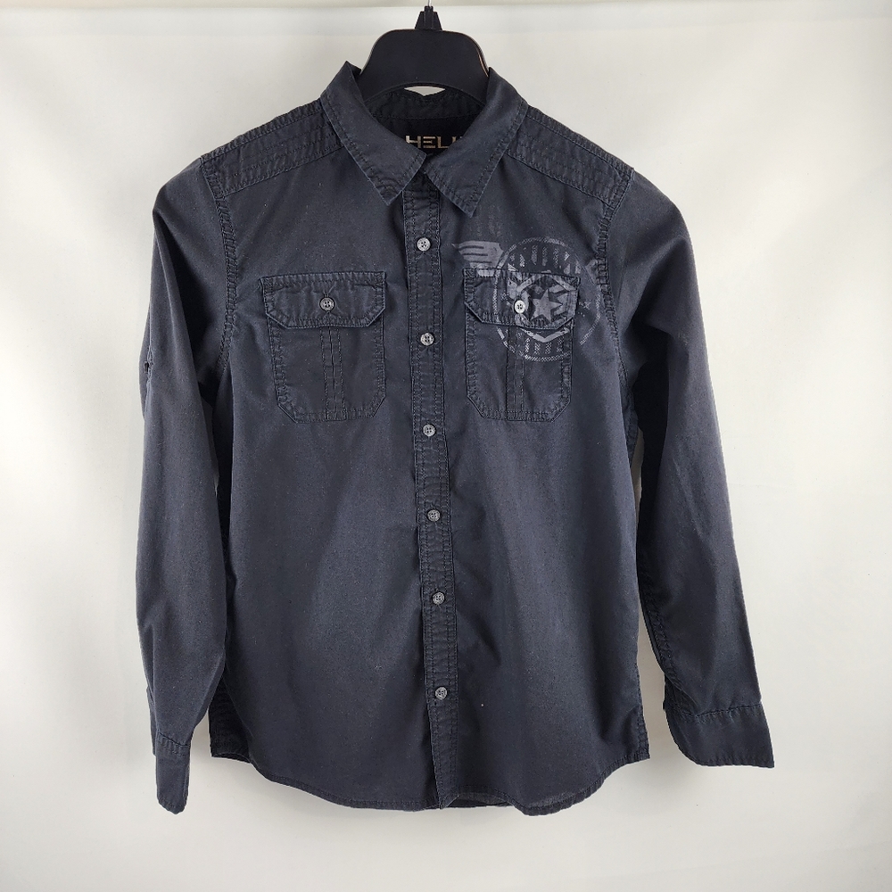 Helix Boys Black Cotton Long Sleeve Button-Down Shirt Top Logo Size XL